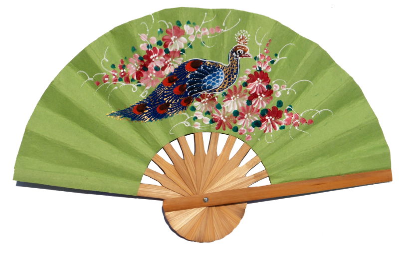 Hand painted One Peacock on YellowGreen paper wedding fan