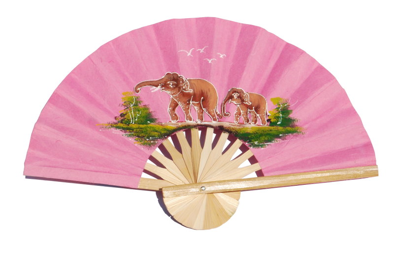 Hand painted Two Elephants on Plum paper wedding fan