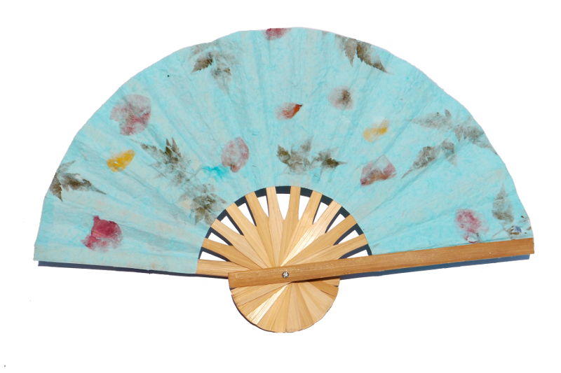 Pressed flowers in Aquamarine paper wedding fan