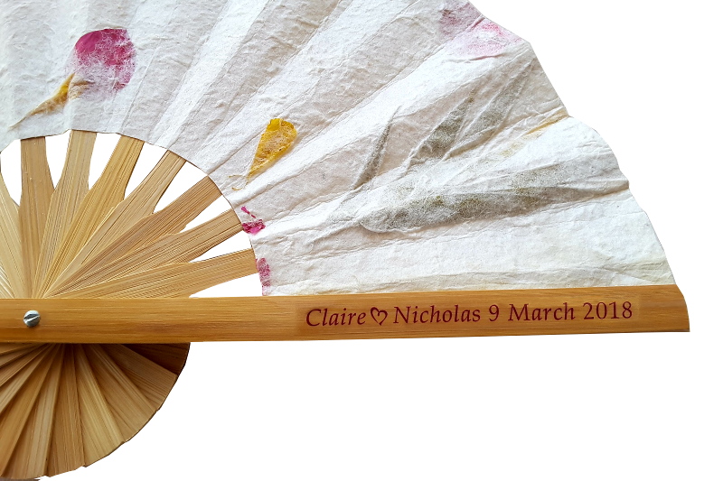 Clear Sticker with Names and Date on a Pressed Flowers Wedding Fan