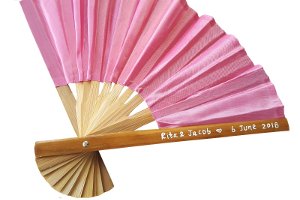 Bamboo wedding fan personalized with hand-painted names and date