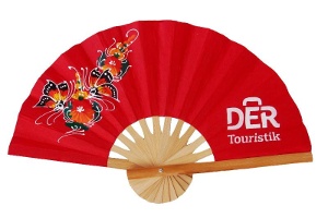 Folding bamboo hand fan customized with hand painted design and silk screen company logo