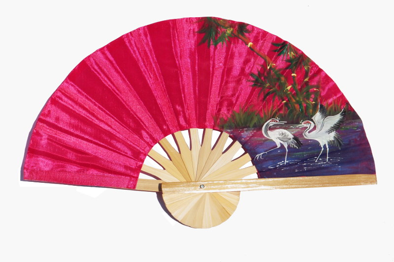 2 Herons on crimson hand painted silky fabric wedding fan