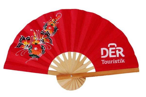 Paper Fan with Screened Logo and Hand Painted Design - Example: DER Touristik