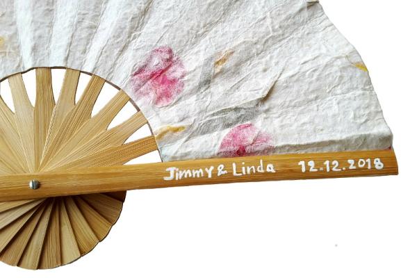 Hand Painted Names and Date on a Pressed Flowers Wedding Fan