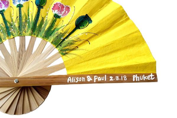 Hand Painted Names, Date and Place on a Hand Painted Paper Wedding Fan