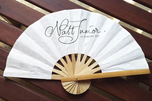 Wedding fan personalized with logo on fan body.