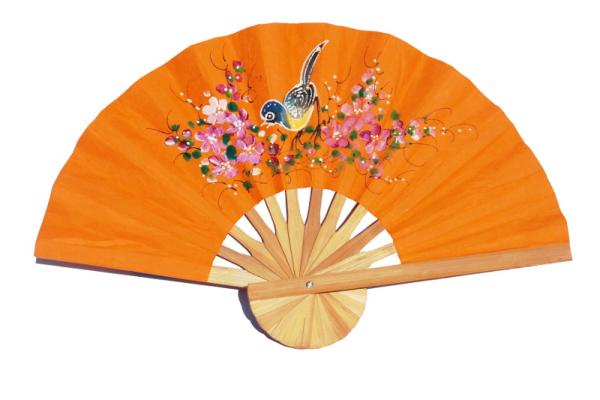 Hand painted One Bird on Light OrangeRed paper wedding fan