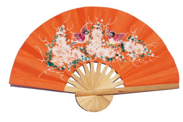 Hand painted Two Birds on Deep OrangeRed paper wedding fan