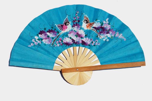 Hand painted Two Birds on SkyBlue paper wedding fan