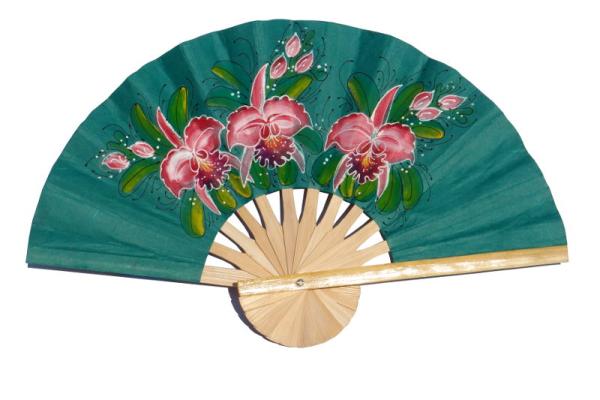 Hand painted Three Orchids on SeaGreen paper wedding fan