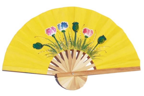 Paper wedding fans with hand painted designs.