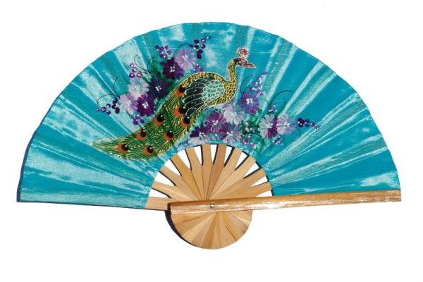 Peacock on PaleTurquoise hand painted silky fabric wedding fan