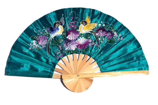 2 Birds on seagreen hand painted silky fabric wedding fan