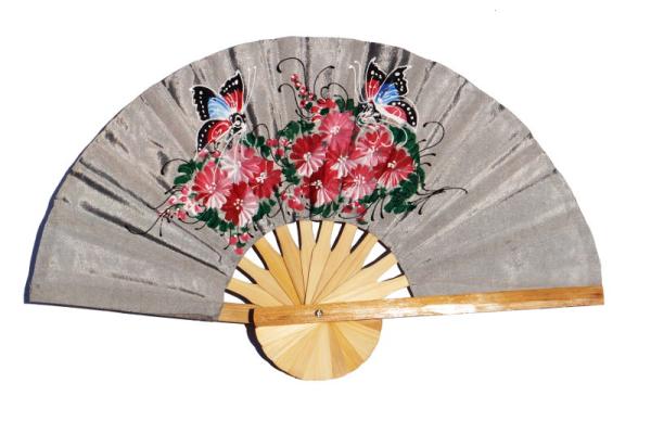 2 Butterflies on deep grey hand painted silky fabric wedding fan