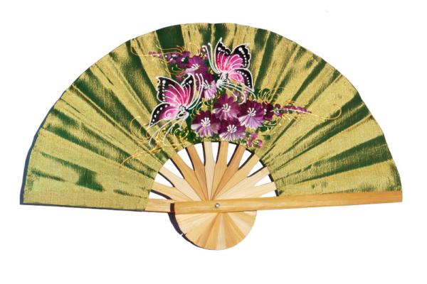 2 Butterflies on OliveDrab hand painted silky fabric wedding fan