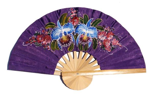 2 Orchids on rebeccapurple hand painted silky fabric wedding fan
