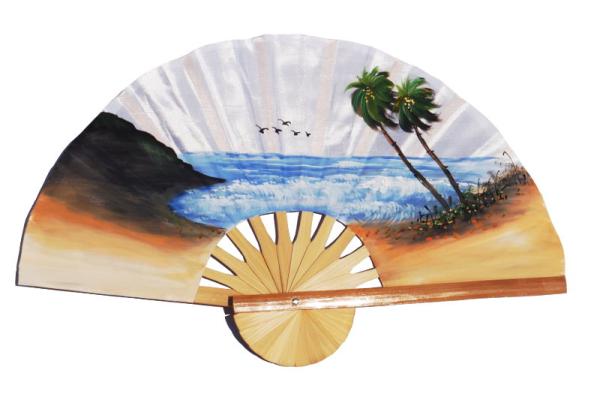Beach and 5 birds on white hand painted silky fabric wedding fan