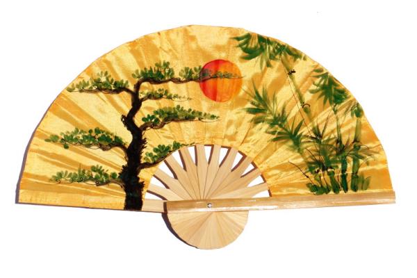 Tree, sun, bamboo on deep orange hand painted silky fabric wedding fan