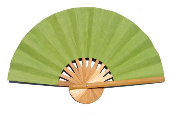 Paper wedding fan in solid color YellowGreen. Handmade with bamboo and mulberry paper.