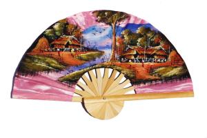Village on light coral hand painted silky fabric wedding fan